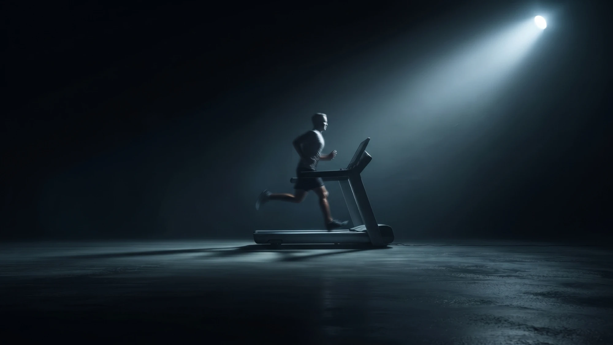 Sportif courant sur un tapis de course professionnel sous un faisceau de lumière